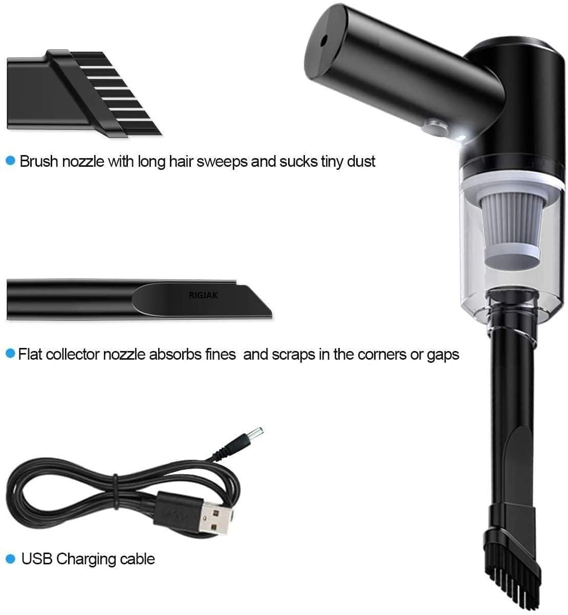 Black handheld vacuum cleaner with various nozzles and USB charging cable on a white background